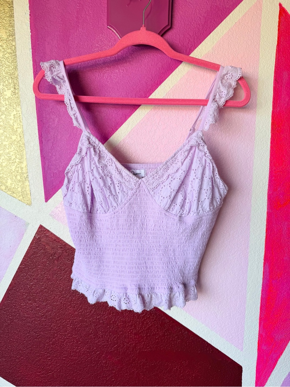 Jopna Lavender Smocked Lace Crop Cami Sz L Boho Cottagecore Eyelet Trim